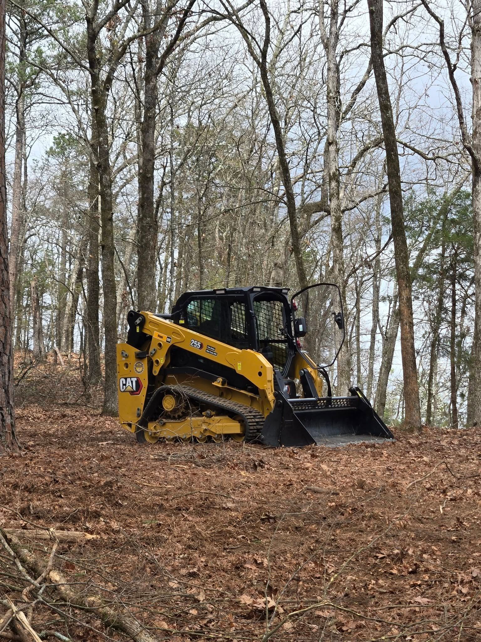 Yellow skid-steer loader with bucket in a leaf-covered forest clearing.