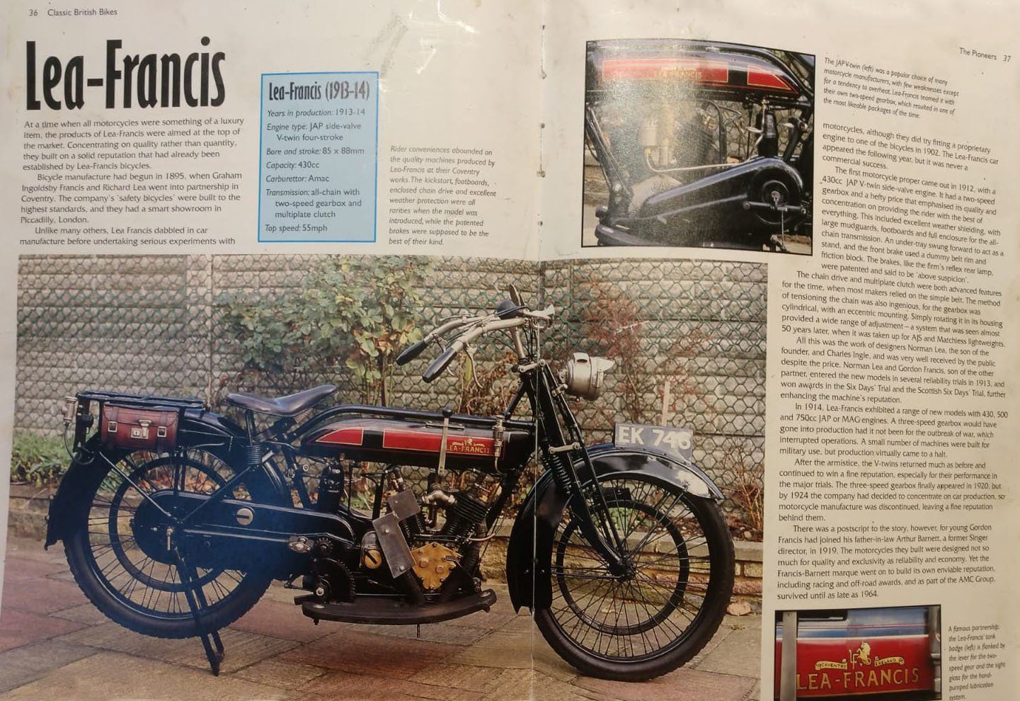 A lea-francis motorcycle is on display in a magazine