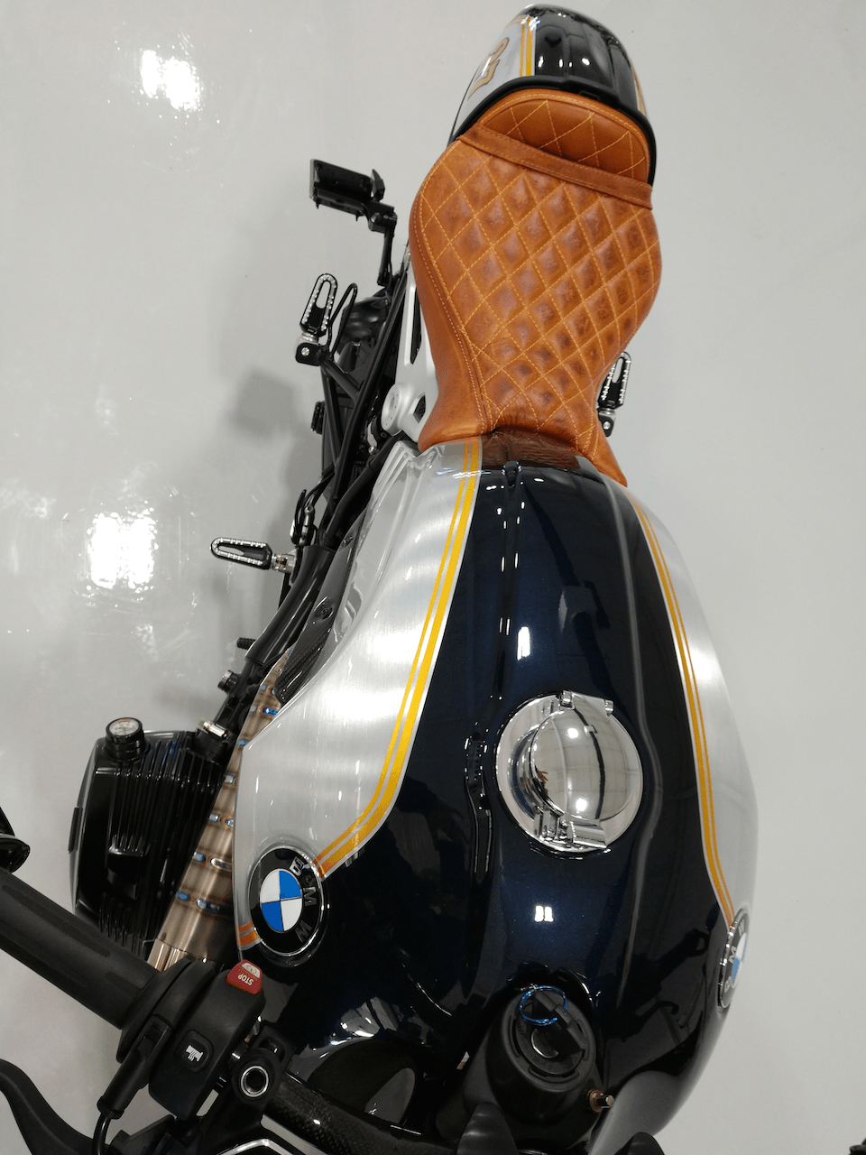 A motorcycle with a bmw logo on the tank