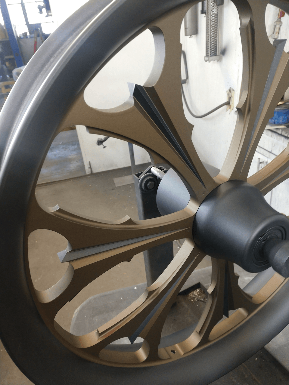 A close up of a wheel in a room