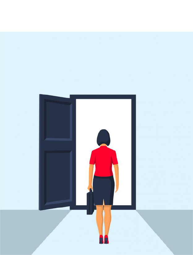 A woman is standing in front of an open door holding a briefcase.