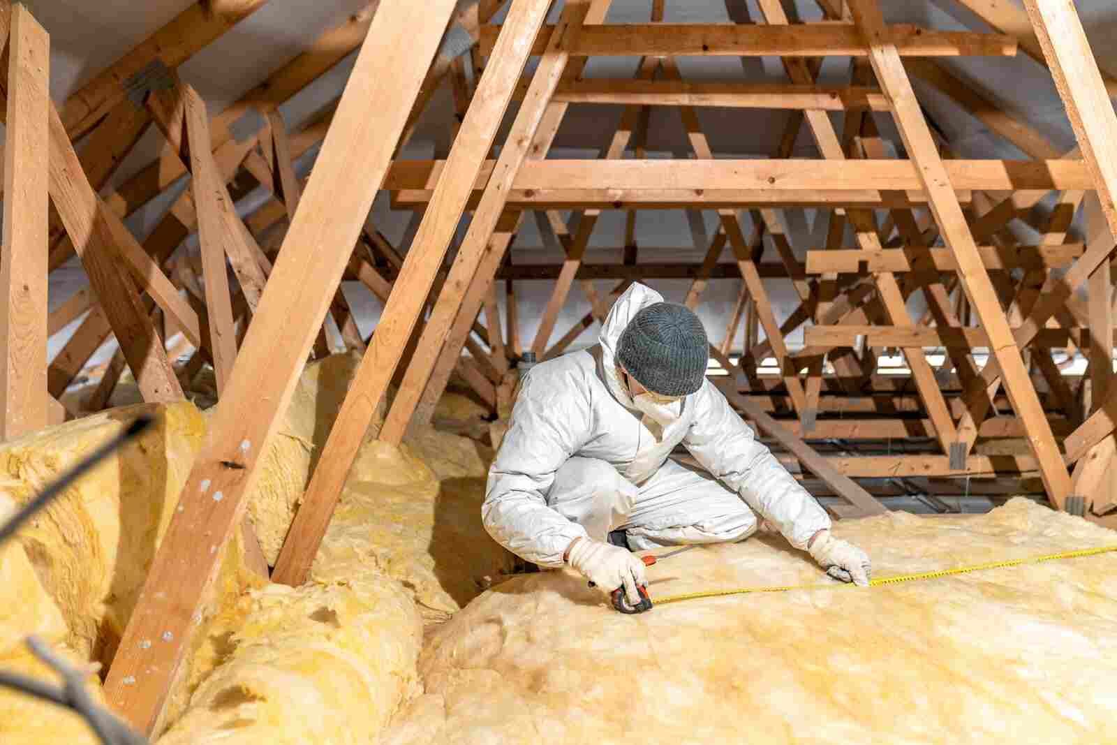 An insulation Contractor installing fiberglass insulation into an attic