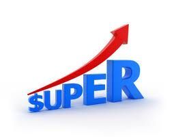 A 3d rendering of the word super with an arrow going up.