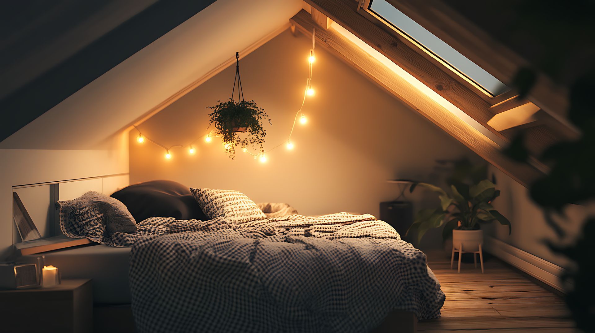 Cozy attic bedroom with bed, string lights, skylight, and plants.