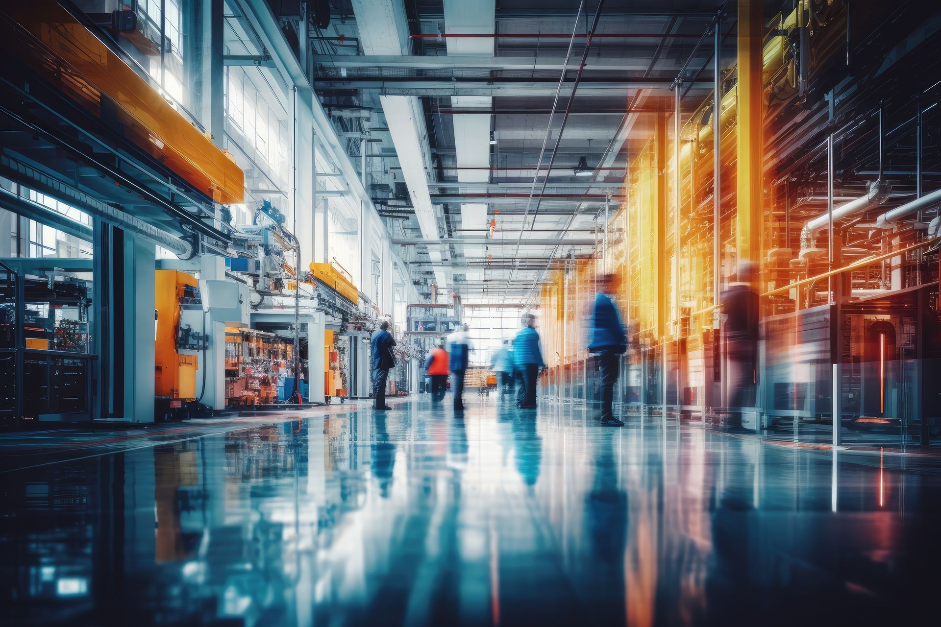 Factory interior with workers near machinery, reflecting floor, bright lights.