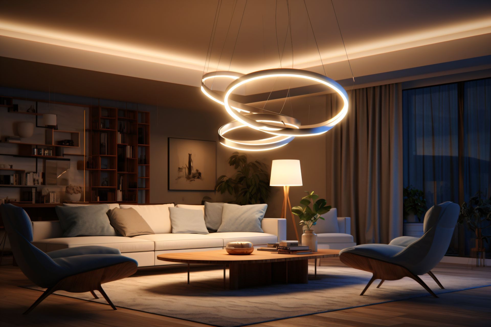 Modern living room with illuminated ring-shaped lights, sofa, armchairs, and coffee table.