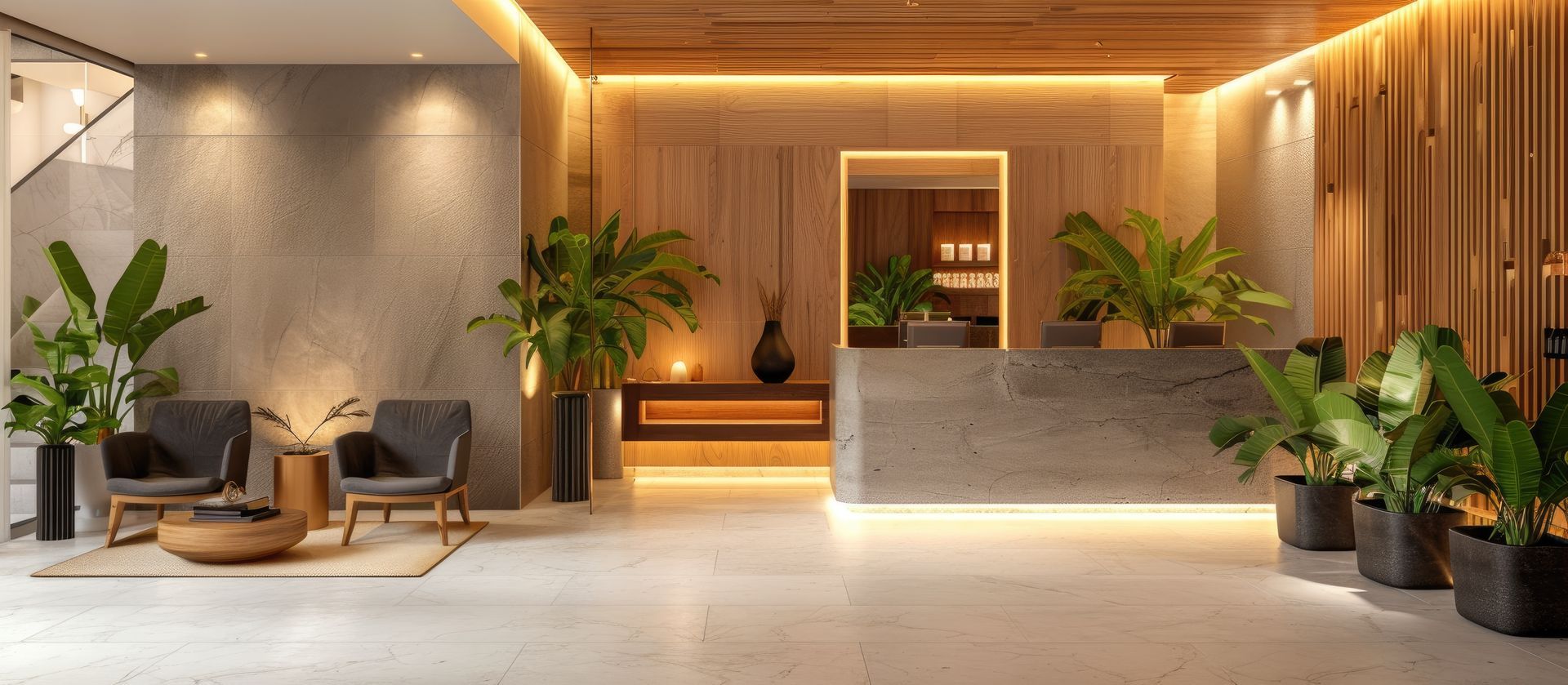 Modern hotel lobby with wood and stone accents, plants, and seating. Warm lighting.