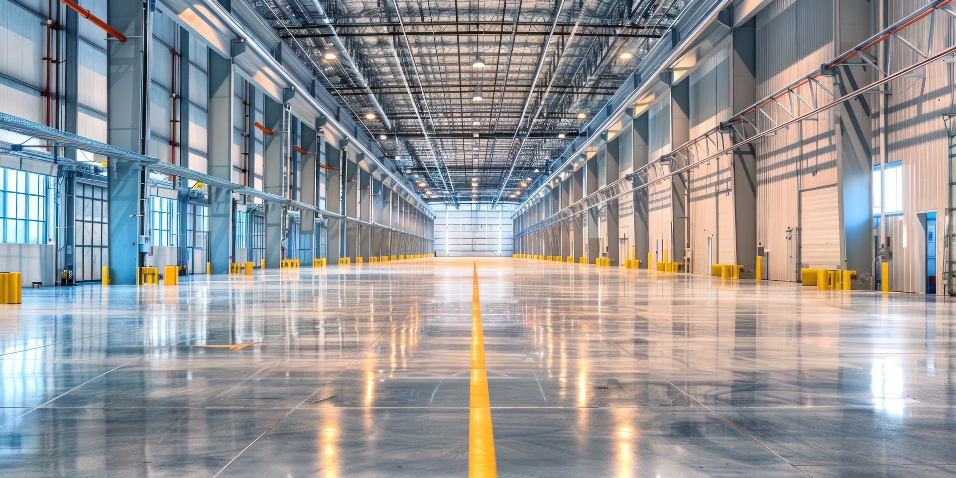 Interior view of a large, empty industrial warehouse with polished concrete floors and high ceilings.