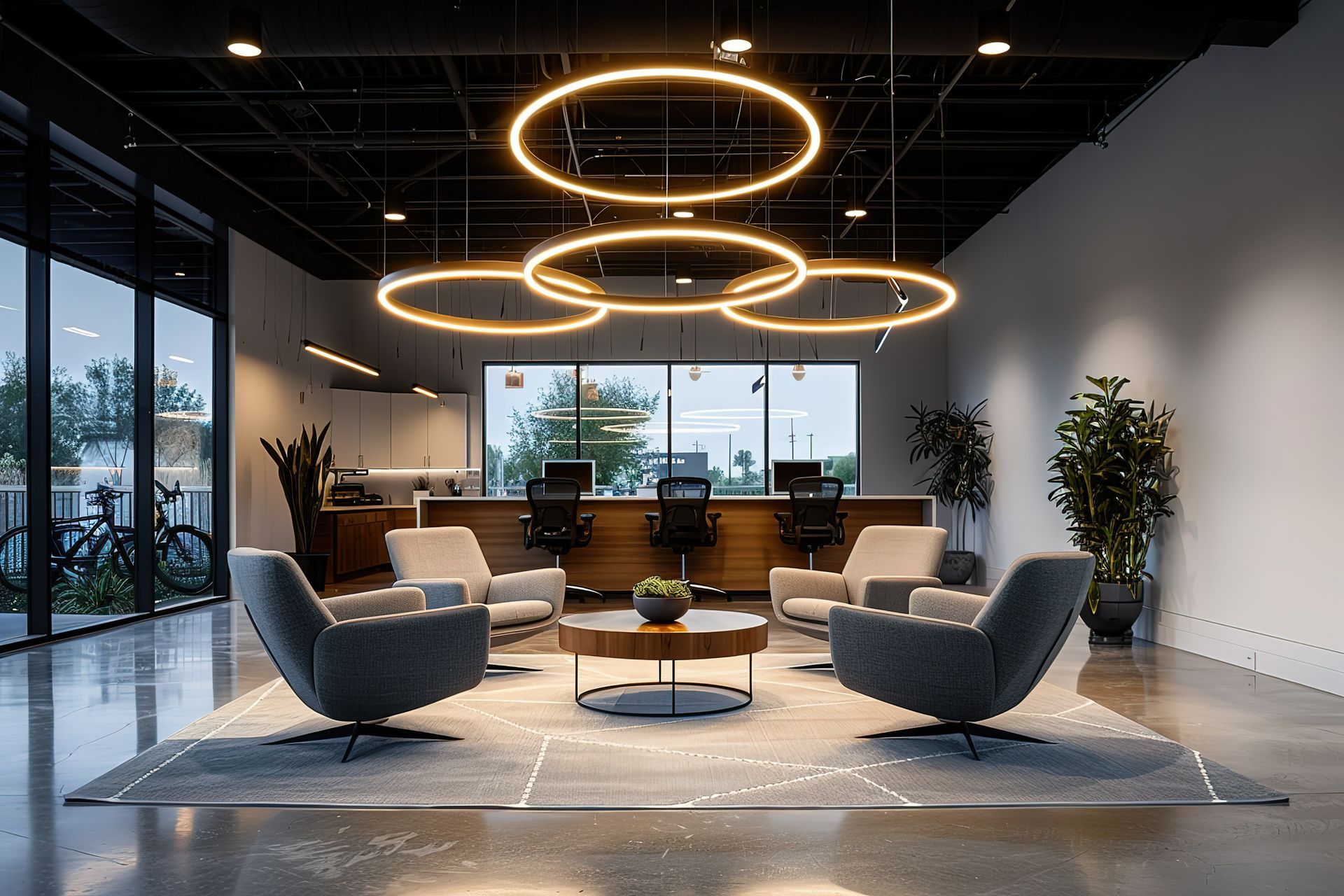 Modern office waiting area with gray armchairs, a coffee table, and large circular lights.
