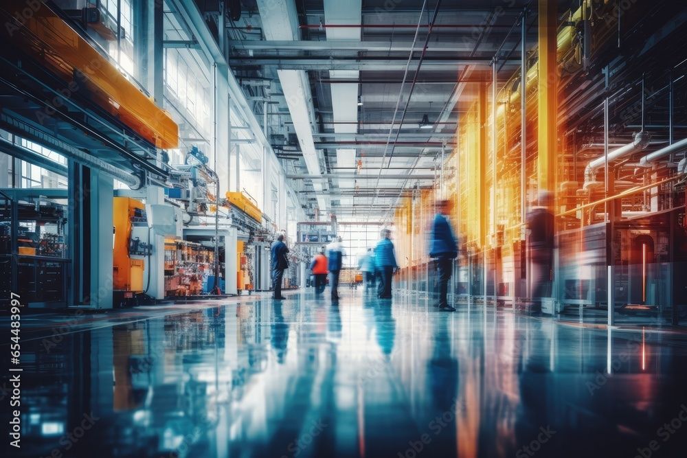 Factory interior with blurred figures walking between machinery and equipment.