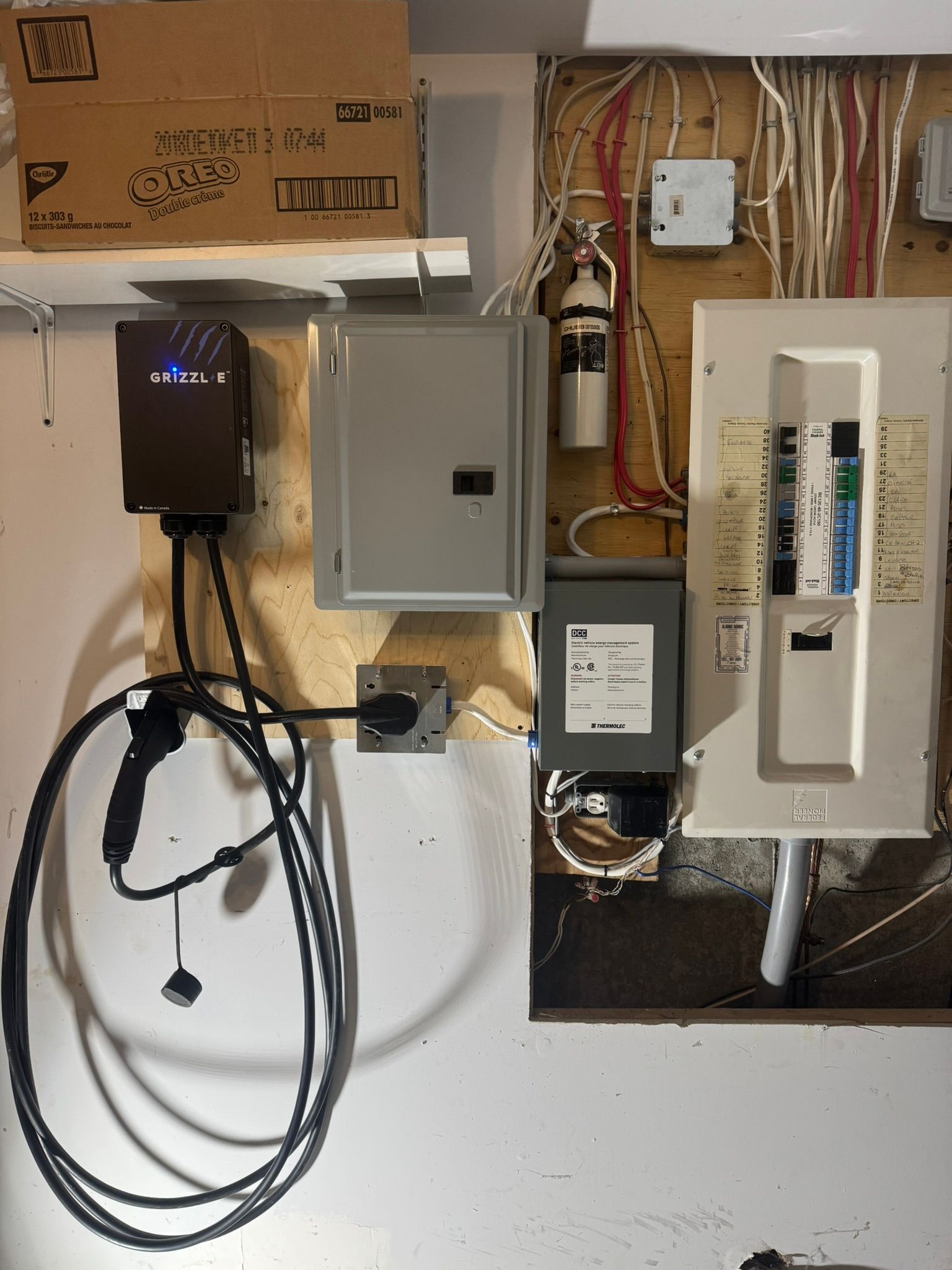 Electrical panel with EV charger and various boxes and wiring against a wall.