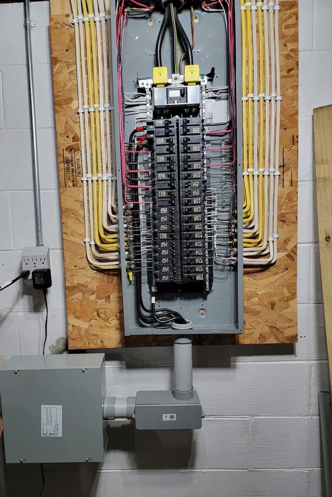 Electrical panel with numerous circuit breakers and wiring mounted on wood. Gray box below.