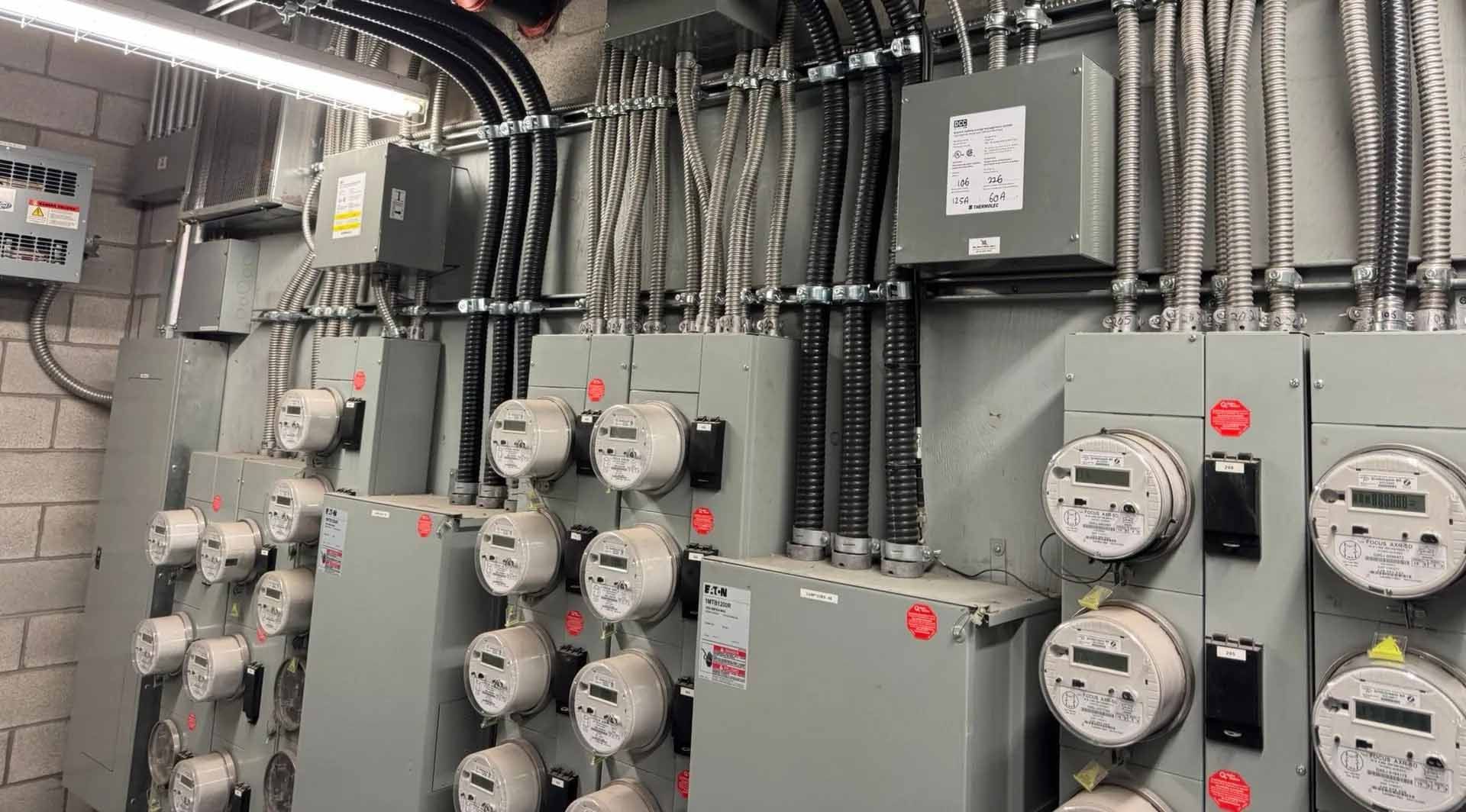 Compteurs électriques et conduits dans un environnement industriel. Boîtiers métalliques gris et câblage contre un mur de briques.