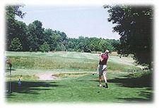 A man is swinging a golf club on a golf course.