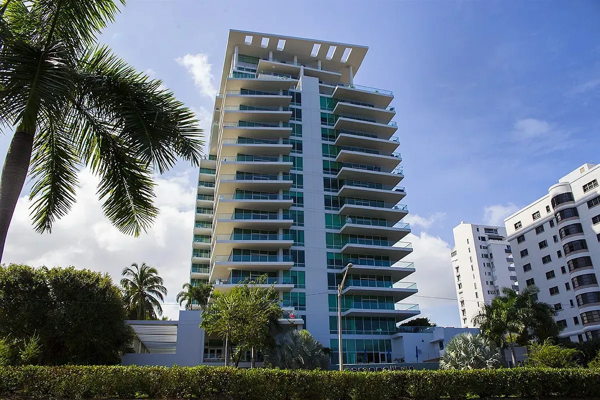 A tall building with a palm tree in front of it