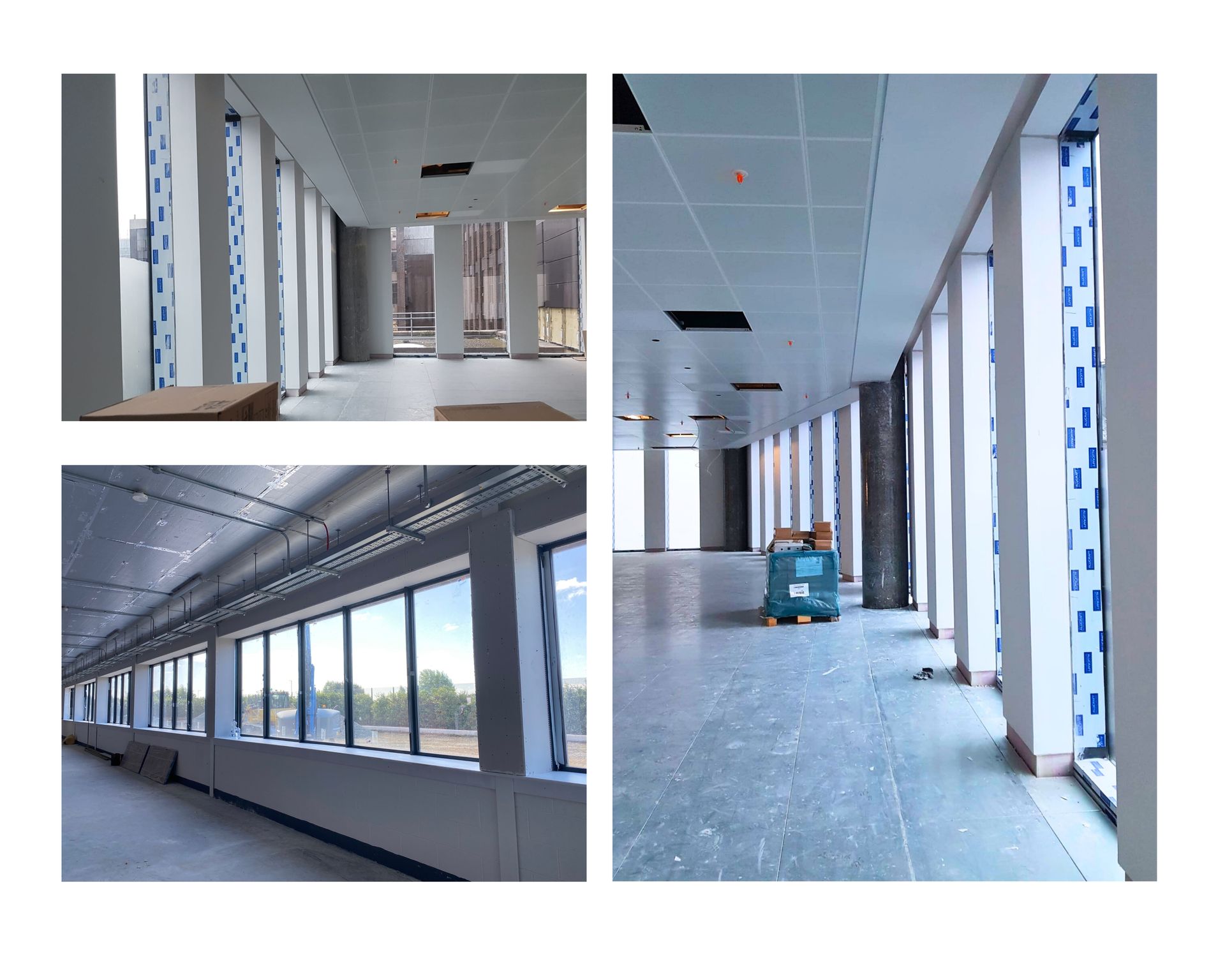 Plasterboard ceilings and columns installed by IMS Build, complementing large office windows with clean, modern finishes