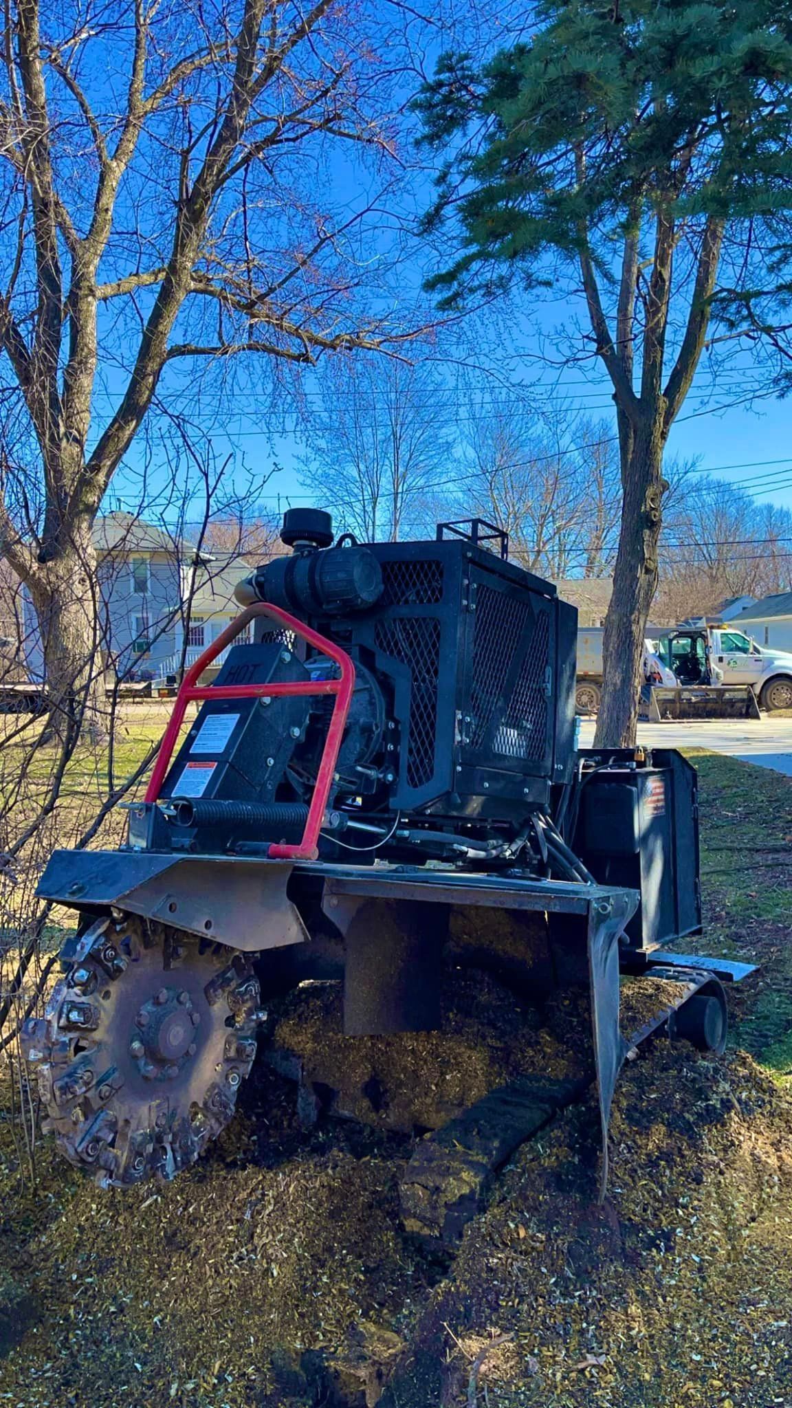 A tree stump grinder is cutting a tree stump in the ground.