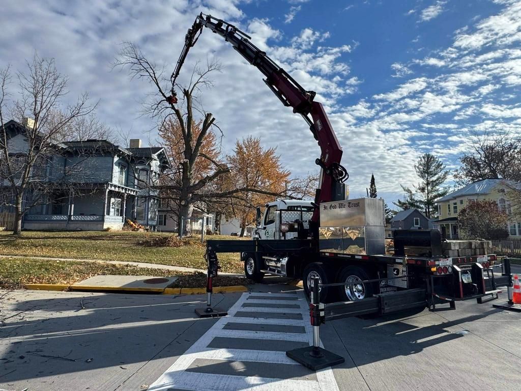 Truck-mounted crane trimming a tree on a street in front of houses; sunny day, blue sky.