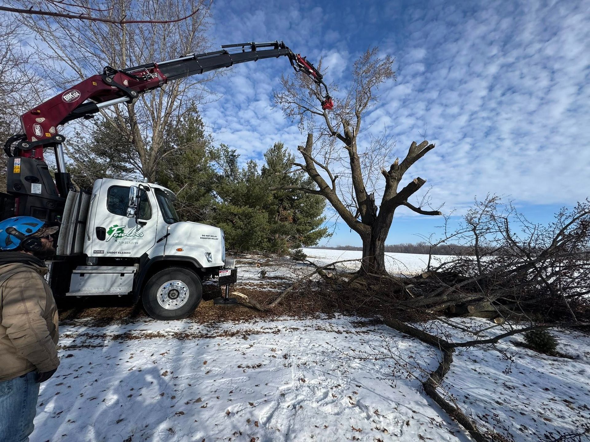 A tree being cut with a crane truck on a snowy day; branches and debris on the ground.