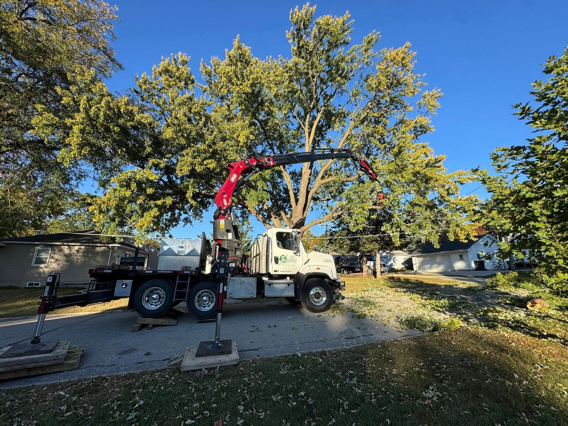 Tree service truck with crane trimming a large tree under a blue sky.