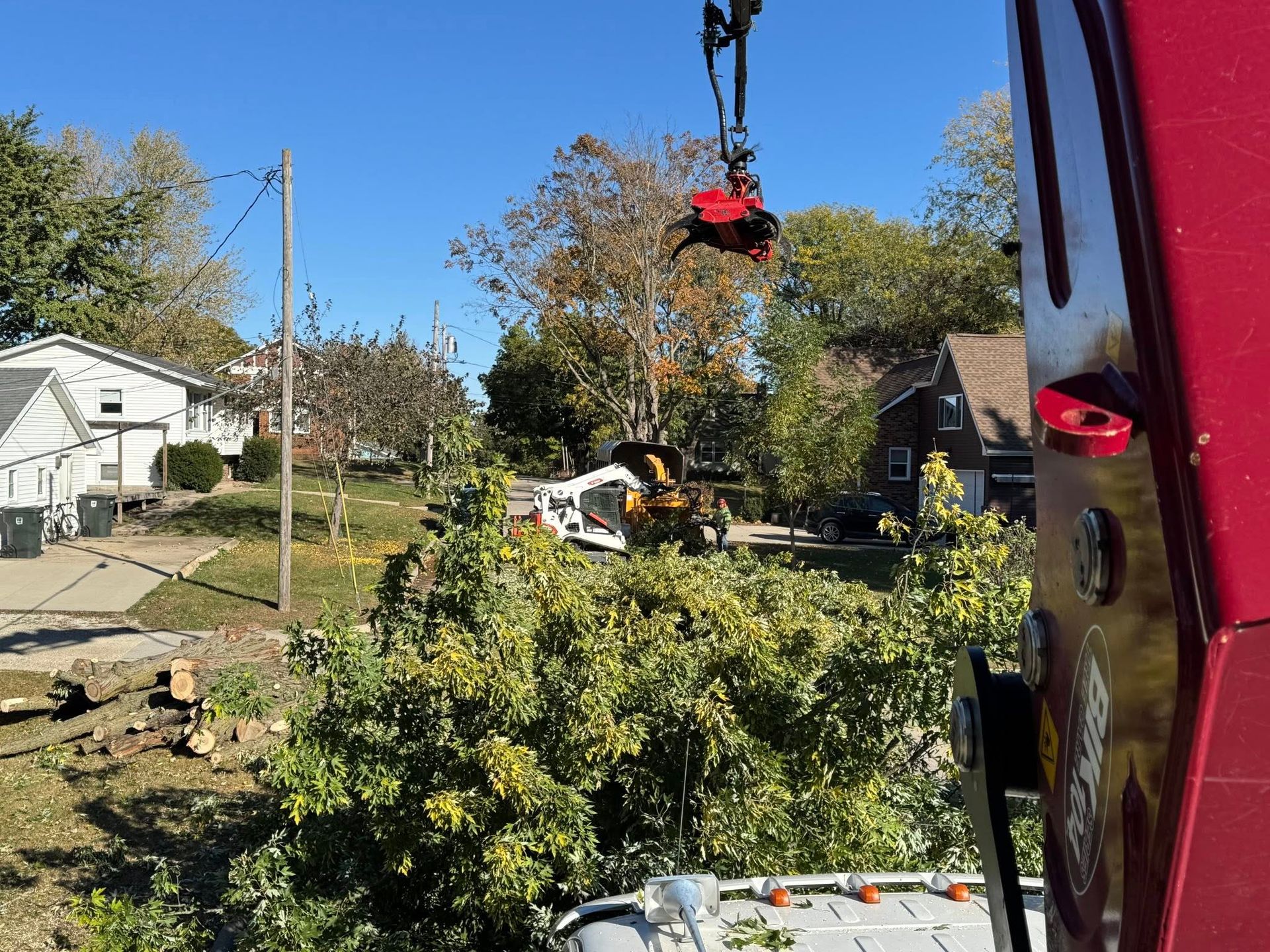A tree being cut down by a crane with a red arm. Houses and a blue sky in the background.