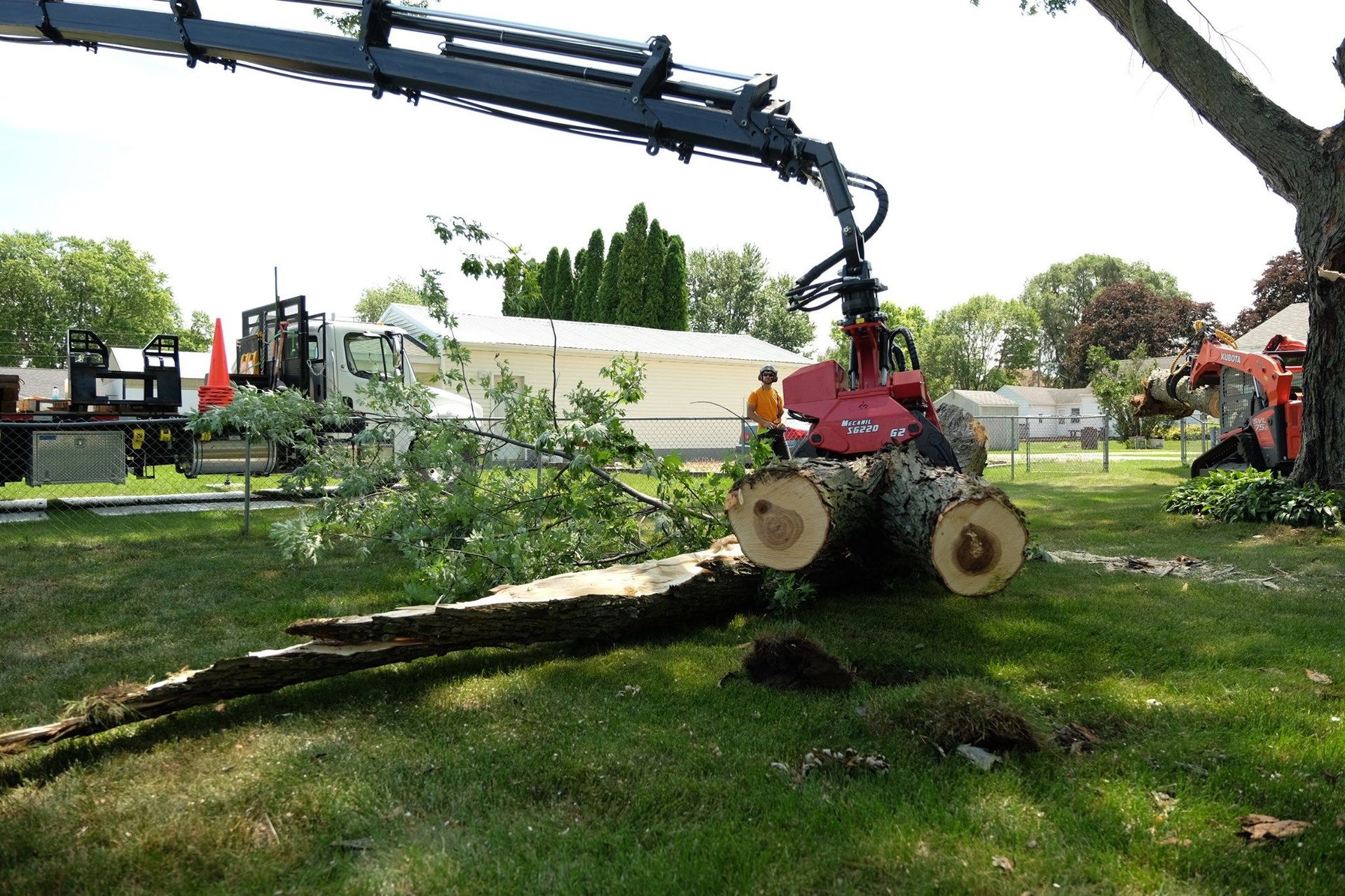 A large log is being lifted by a crane in a yard.