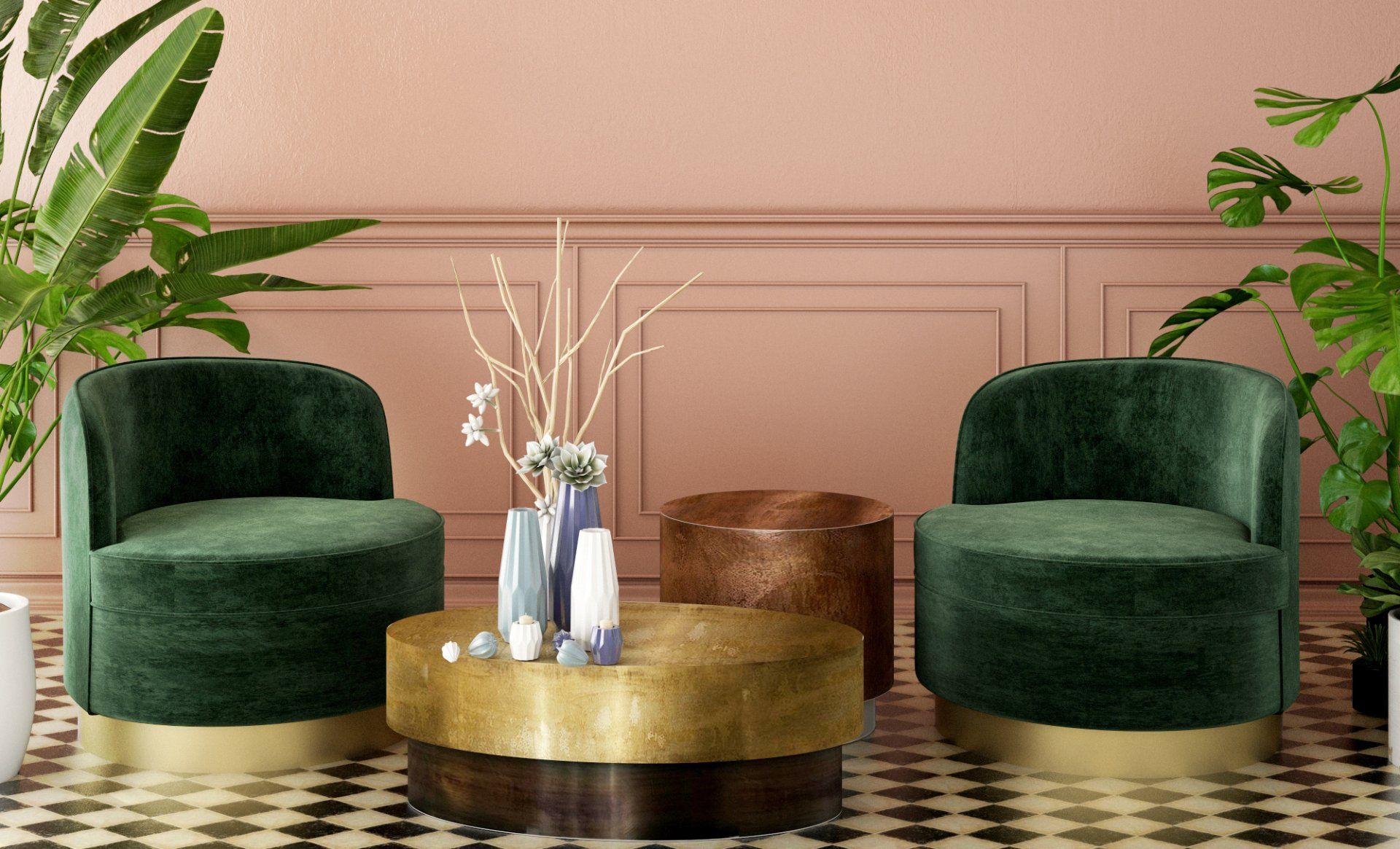 Center table, plant ornaments and green chairs