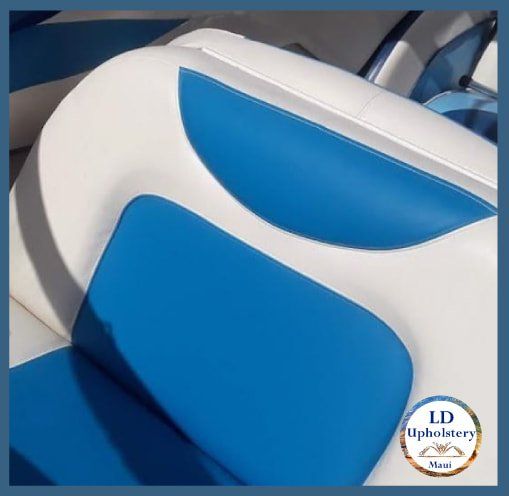 Blue and white boat seat upholstery