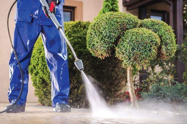 Person power washing a concrete surface with high-pressure hose outdoors, surrounded by green shrubs.