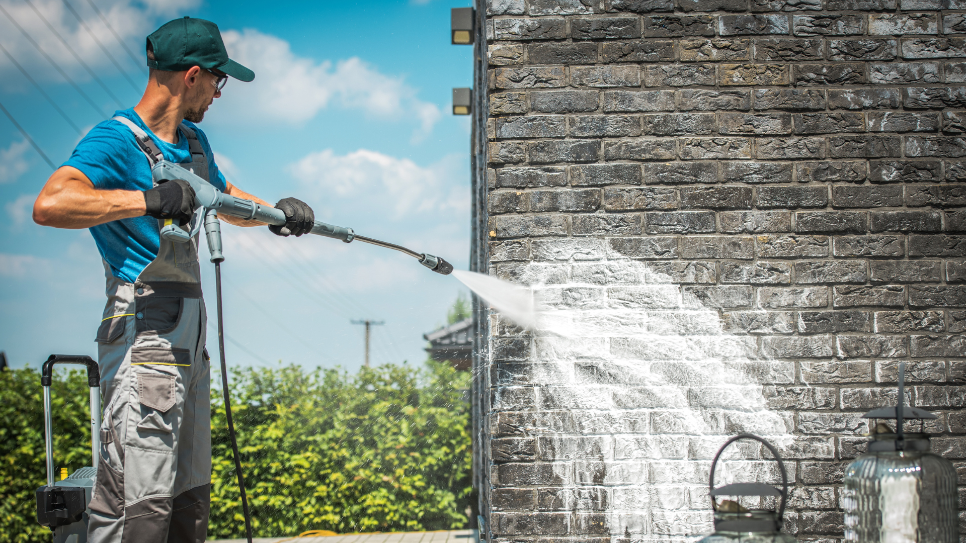 Man pressure washing a brick wall outdoors.