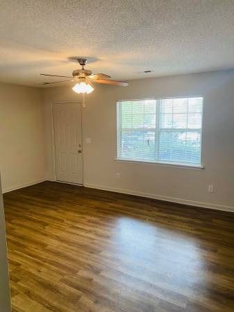 Empty room with wood-look flooring, door, window, and ceiling fan. Natural light.