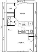 Floor plan of a one-bedroom apartment with a kitchen, living room, and patio.