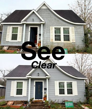 A before-and-after comparison showing a gray house with new white shutters and a freshly painted dark blue front door.