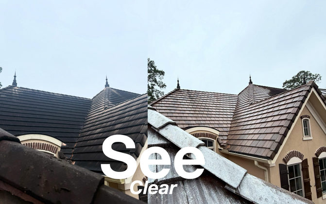 A split-screen comparison showing a dark, stained roof on the left and a clean, light-colored roof on the right.