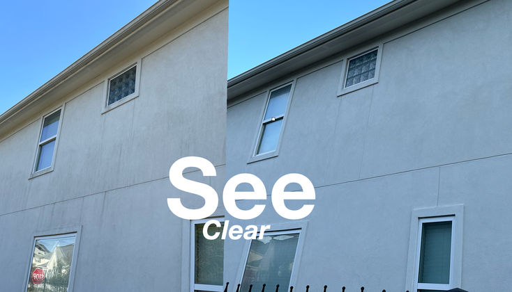 A side-by-side comparison of a home exterior before and after cleaning, showing a significant reduction in surface grime.