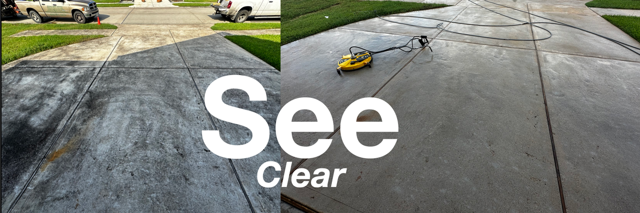 A before-and-after comparison of a dirty driveway being pressure washed, with the text 