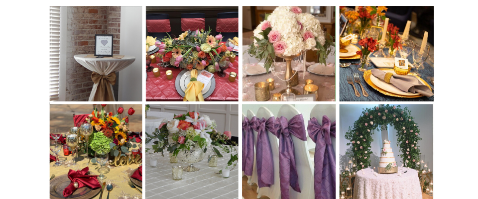 Elegant wedding decor collage with white, gold, pink, and purple floral table settings and candle accents