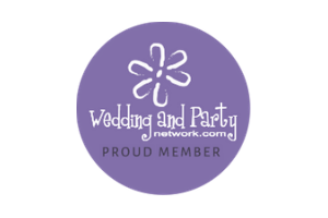 Purple circular Wedding and Party Network.com logo with white flower icon and “Proud Member” text