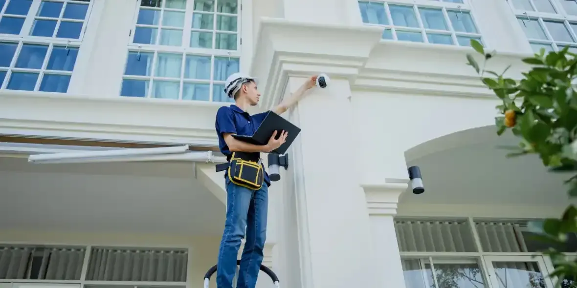 A technician in a hard hat installs security cameras on a building.