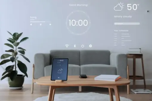Living room with digital display showing time, weather, and schedule. Tablet on table; couch and plant in background.