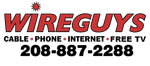 Logo for WireGuys: red text on white background, advertising cable, phone, internet, and free TV. Phone number: 208-887-2288.