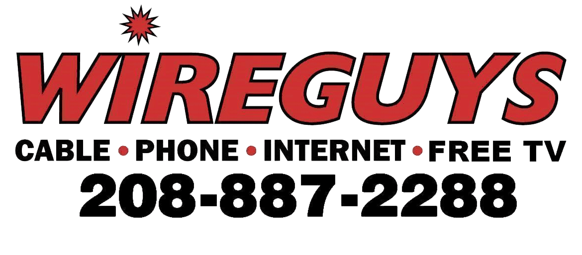 Logo for WireGuys: red text on white background, advertising cable, phone, internet, and free TV. Phone number: 208-887-2288.