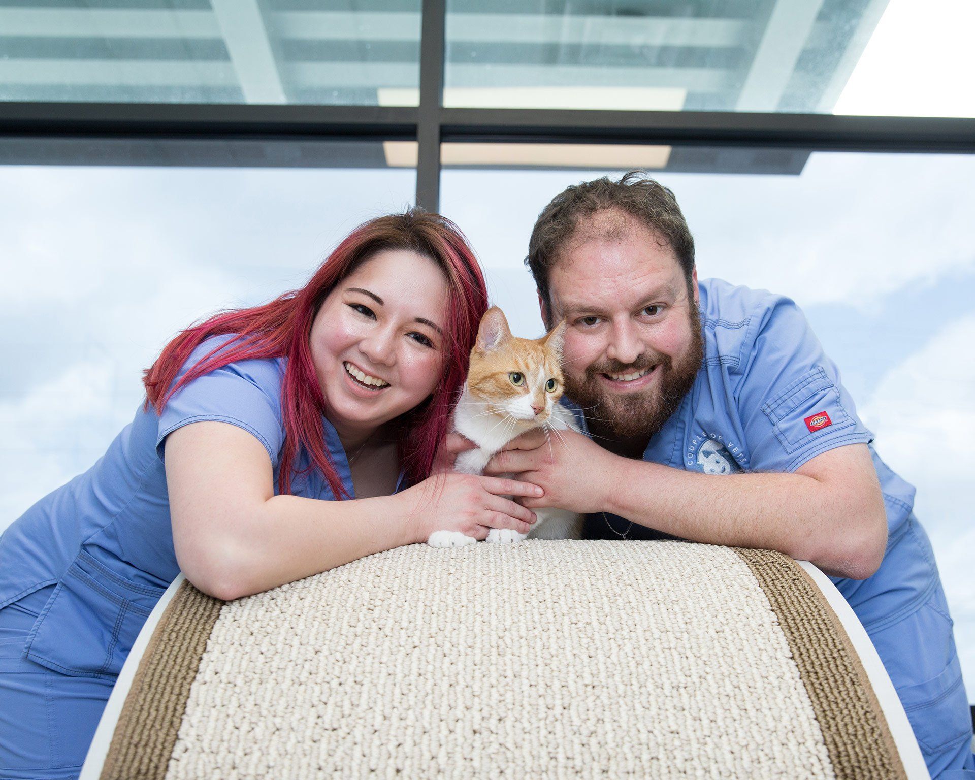A Couple of Vets owners with orange tabby cat