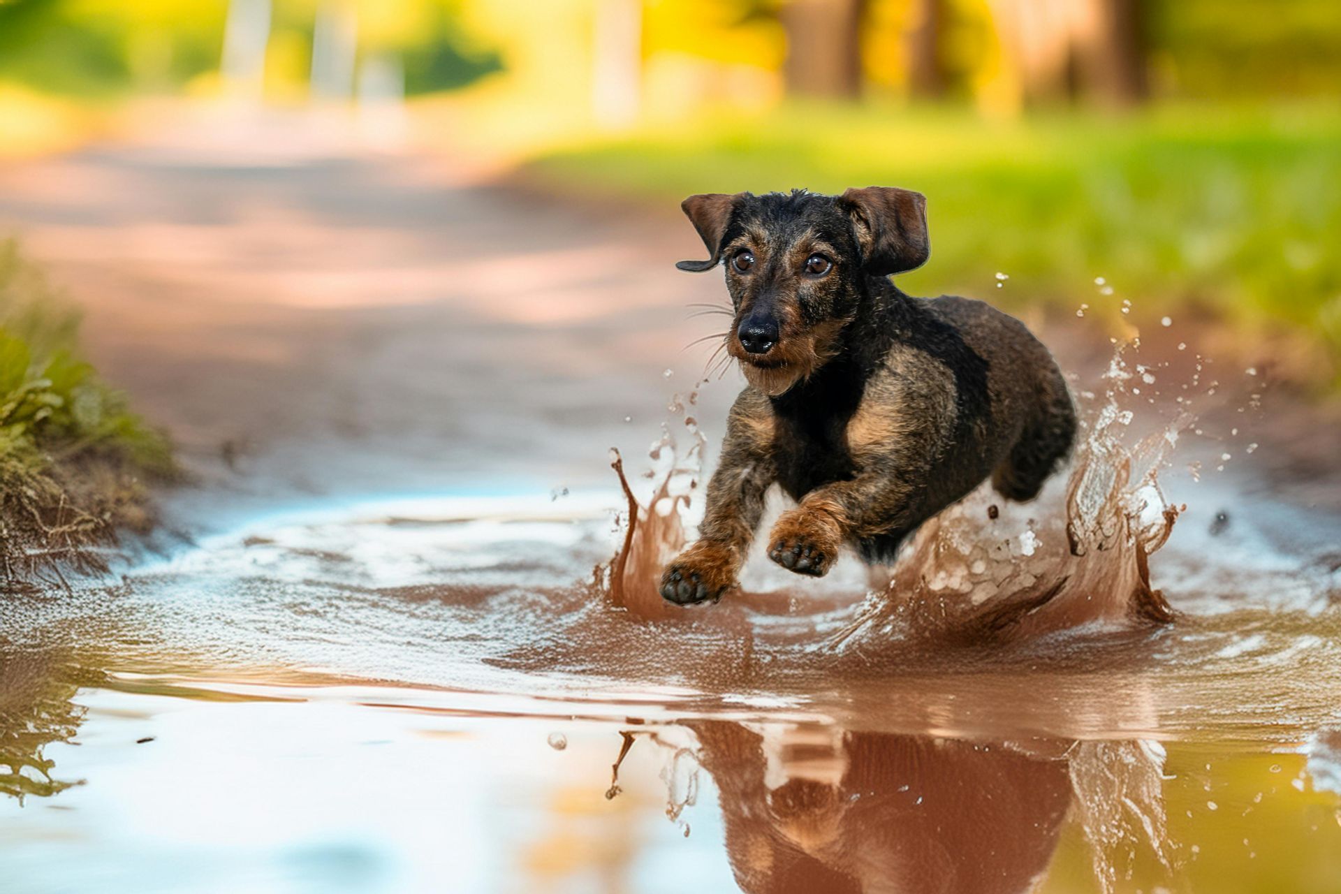 Small dog running through a puddle on a hot summer day