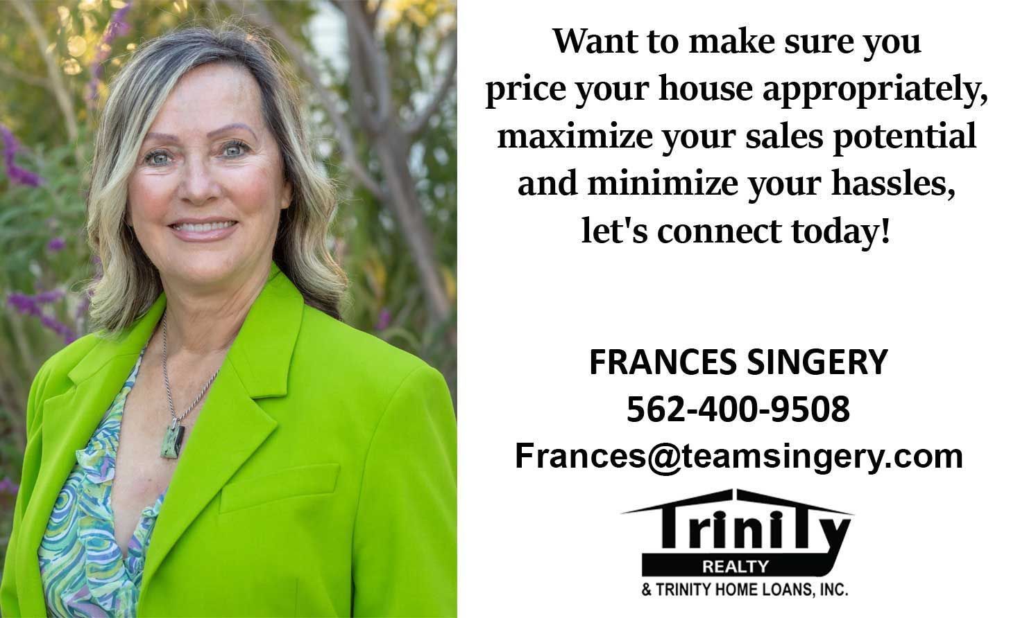 Real estate agent Frances Singery in a green blazer, promoting her services. Contact info included.