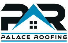Logo: "PR" letters with blue house-shaped roof, black text "PALACE ROOFING" on blue line.
