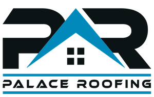 Logo: "PR" letters with blue house-shaped roof, black text "PALACE ROOFING" on blue line.