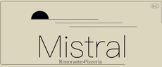 Logo per Mistral Ristorante-Pizzeria con un'icona di un sole nero sopra il testo su sfondo beige.
