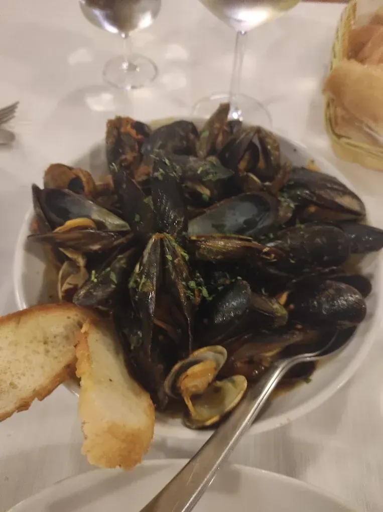 Una ciotola bianca piena di cozze al vapore in un brodo scuro, accompagnata da due fette di pane tostato su un tavolo bianco.