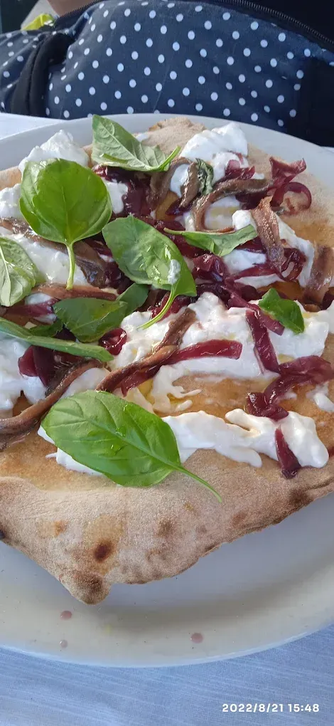Primo piano di una pizza condita con burrata fresca, cipolle rosse caramellate e foglie intere di basilico su un piatto bianco.